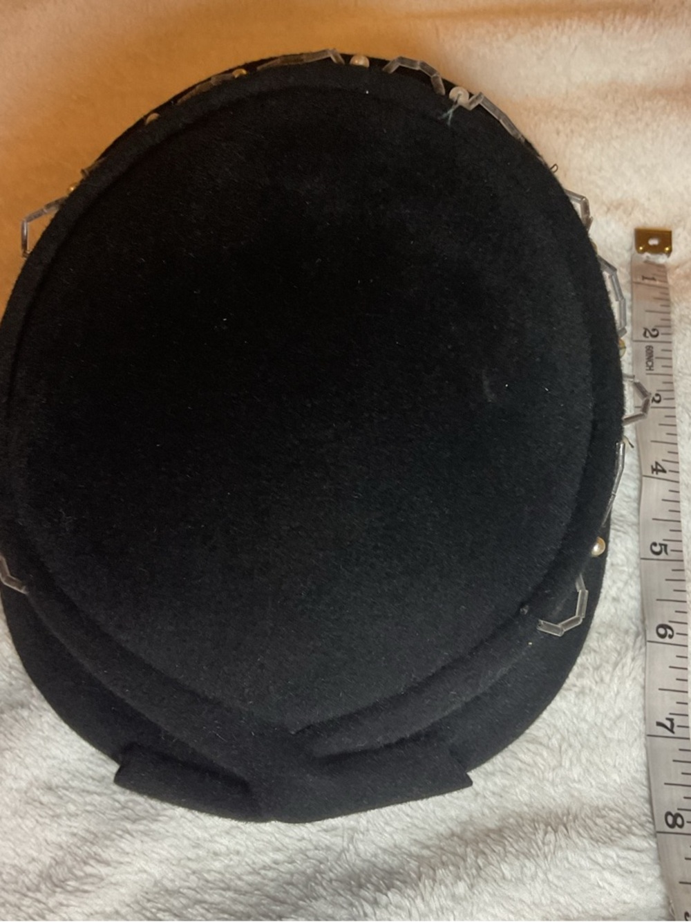 Vintage 50s 60s Genuine Velour Fur Felt Pillbox Hat Beaded Glass Pearl Brown - Picture 5 of 7